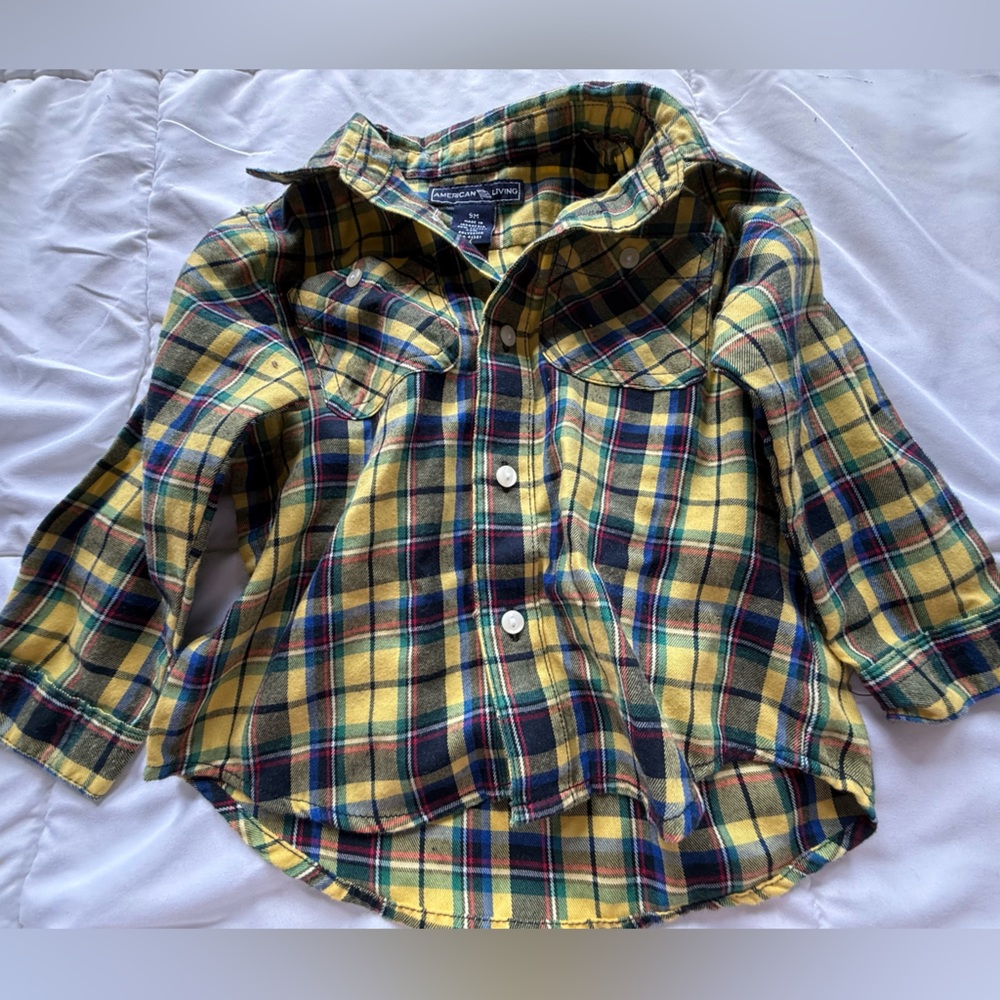 American Living Baby Boys light Gray Yellow Plaid Button Up Shirt NWOT